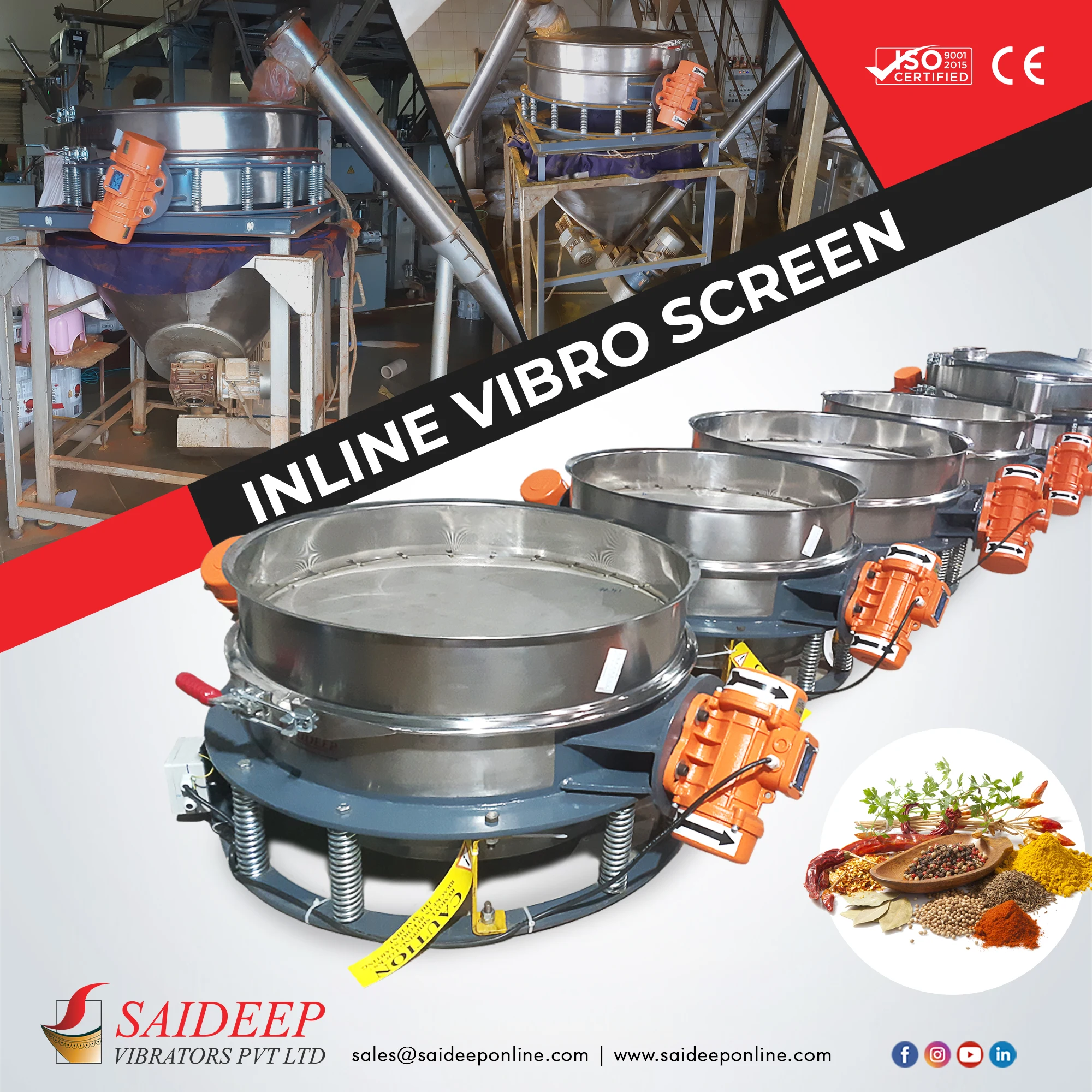 Inline vibro screen for spice processing